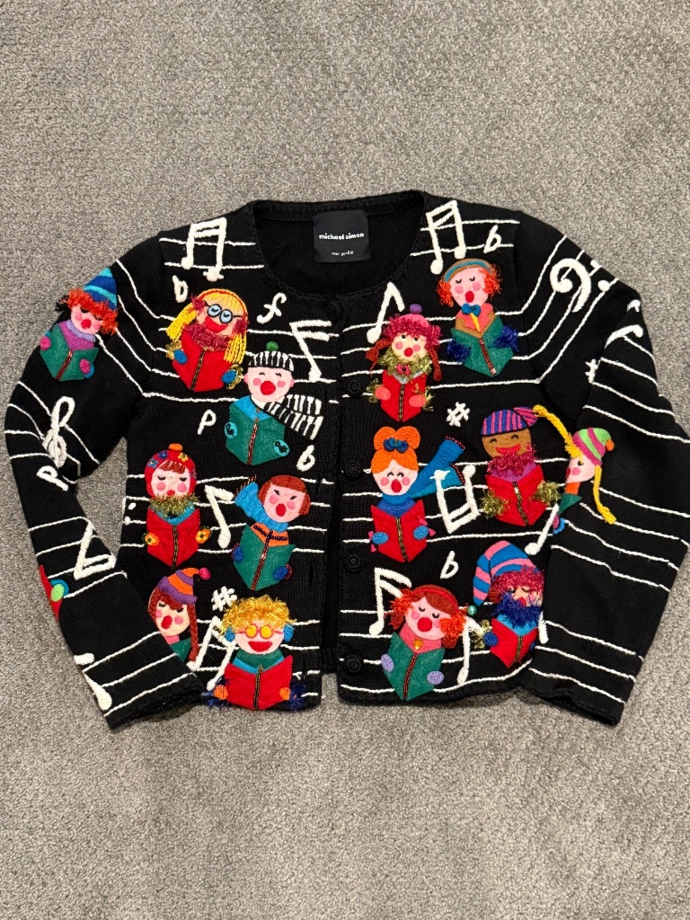 Vintage Michael Simon Christmas Carolers Cardigan Sweater Musical Notes